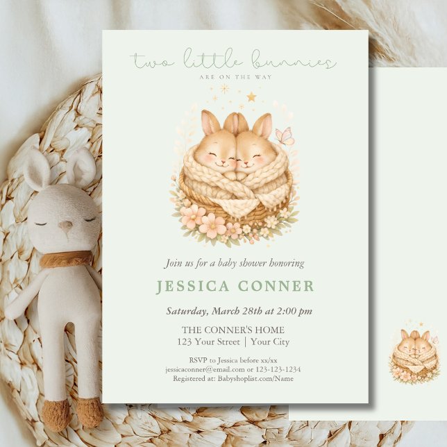 Invitación Verde Salvia Dos Pequeños Conejos Cumpleaños Gemel (Subido por el creador)