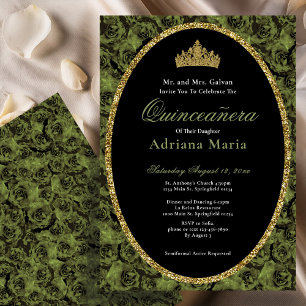 Invitación Verde Salvia Elegante Quinceañera Floral de Oro  