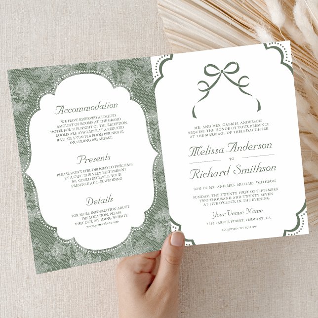 Invitación Verde Salvia Encaje Blanco Coqueta Lazo Código QR  (Subido por el creador)