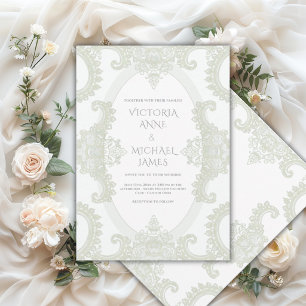Invitación Verde Salvia Encaje Caprichoso Boda Vintage 