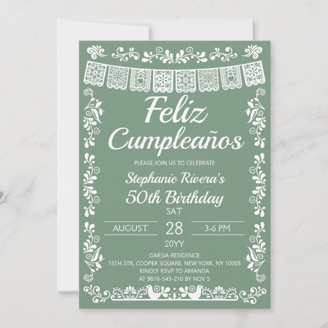 Invitación Verde Salvia Feliz Cumpleaños Cumpleaños 50 (Anverso)