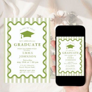 Invitación Verde Salvia  Fiesta de Graduación Ondulada y Eleg
