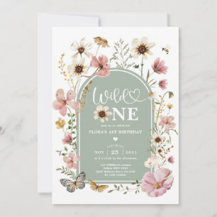 Invitación Verde Salvia Flor Silvestre Cumpleaños Uno Primera