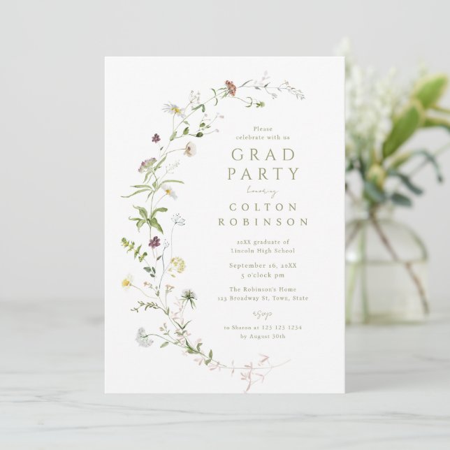 Invitación Verde Salvia Flor Silvestre Rústico Boho Graduació (Anverso de pie)