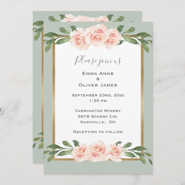 Invitación Verde Salvia Floral Acuarela Romántico Boda (Anverso / Reverso)