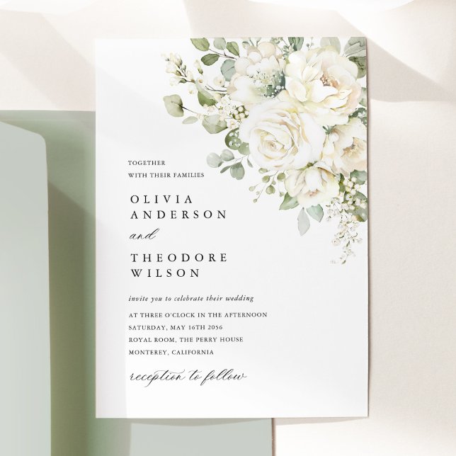 Invitación Verde Salvia Floral Blanco Acuarela Elegante Boda (Sage green white floral watercolor wedding invitation card, bouquet design, wedding stationery)