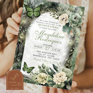 Invitación Verde Salvia Floral Bosque Encantado Quinceanera