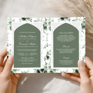 Invitación Verde Salvia Floral Enterizo de Encaje Boda India