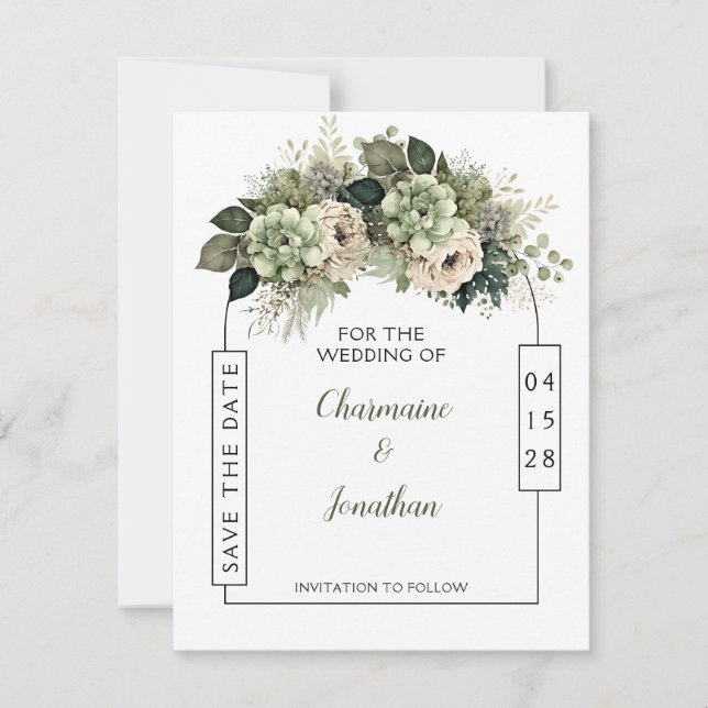 Invitación Verde Salvia Floral Eucalipto Salvar la Fecha | (Anverso)