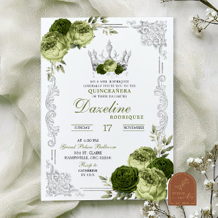 Invitación Verde Salvia Floral Mariposa Quinceanera
