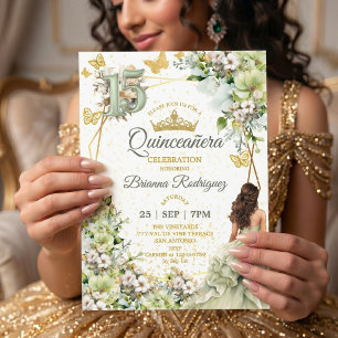 Invitación Verde Salvia Floral Mariposas Doradas Quinceañera