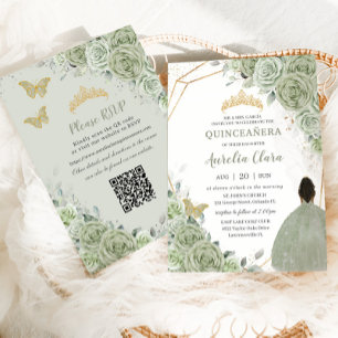 Invitación Verde Salvia Floral Marrón Princesa Quinceañera QR