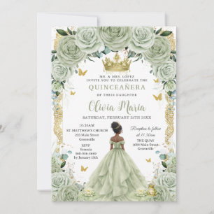 Invitación Verde Salvia Floral Princesa y Rana Quinceañera 