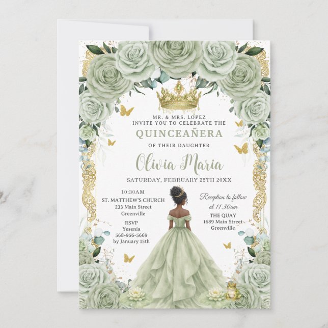 Invitación Verde Salvia Floral Princesa y Rana Quinceañera  (Anverso)