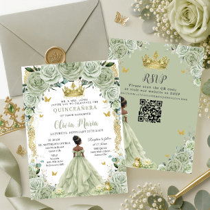 Invitación Verde Salvia Floral Princesa y Rana Quinceañera QR