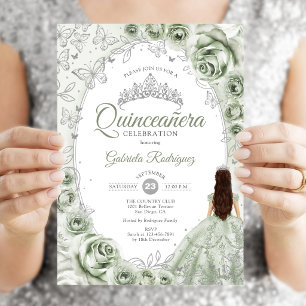 Invitación Verde Salvia Floral Quinceañera Plateada