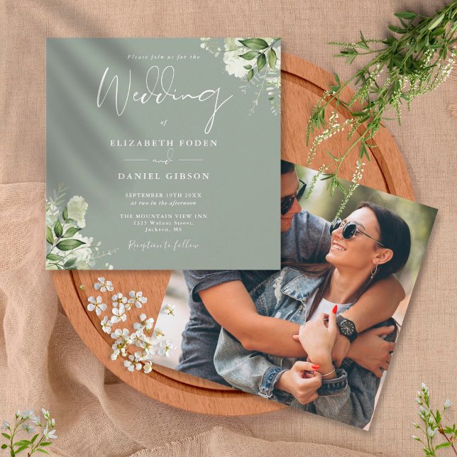 Invitación Verde Salvia Follaje Floral Foto Cuadrado Boda (Subido por el creador)