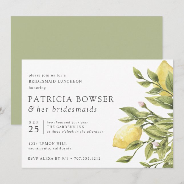 Invitación Verde salvia | limones y hojas Bridesmaid Luncheon (Anverso / Reverso)