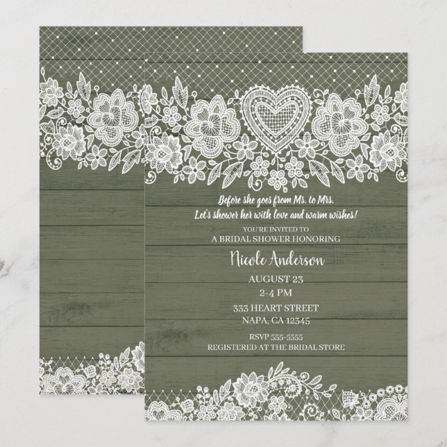 Invitación Verde Salvia Madera Rústica Regadera Nupcial de En (Anverso / Reverso)