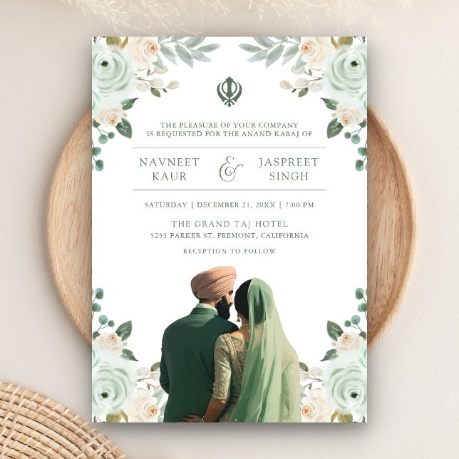 Invitación Verde Salvia Marfil Anand Karaj Boda India Sikh (Subido por el creador)