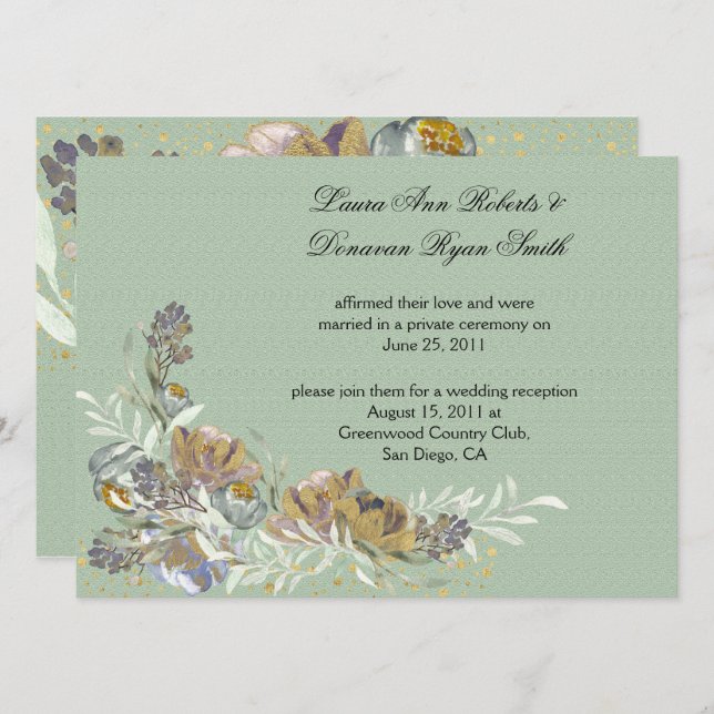 Invitación Verde Salvia Oro Púrpura Floral Recepción Solament (Anverso / Reverso)