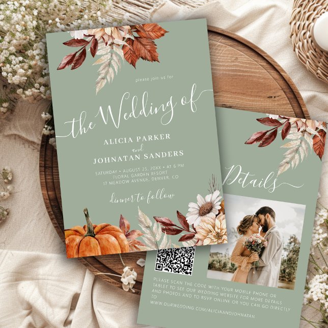 Invitación Verde salvia otoño QR código botánico boda (Subido por el creador)