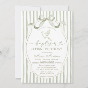 Invitación Verde Salvia Paloma Bautizo Primer Cumpleaños