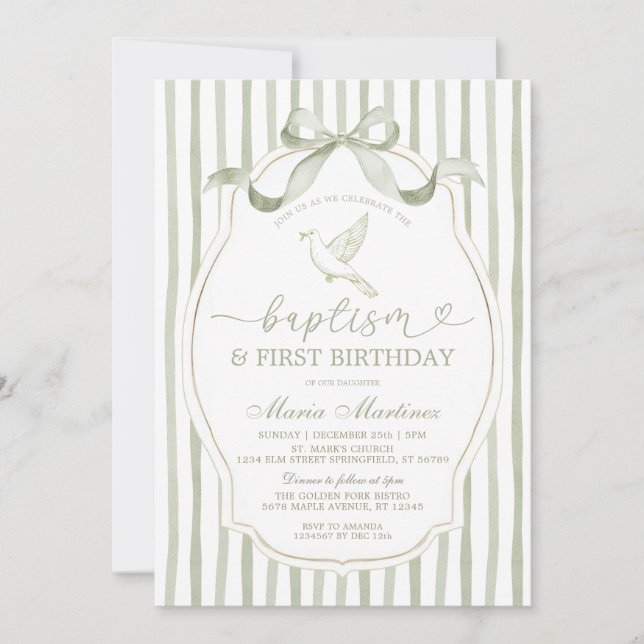Invitación Verde Salvia Paloma Bautizo Primer Cumpleaños (Anverso)
