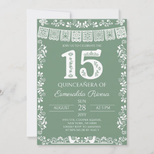 Invitación Verde Salvia Papel Picado Quinceañera Cumpleaños 1