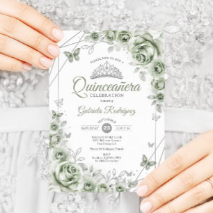 Invitación Verde Salvia Quinceanera Floral