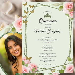 Invitación Verde Salvia Quinceanera Rosas Rosadas Mariposas D