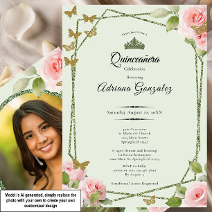 Invitación Verde Salvia Quinceanera Rosas Rosadas Mariposas D