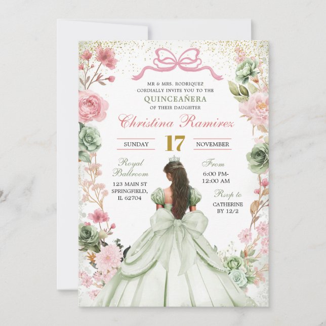 Invitación Verde Salvia Rosa Coquette Lazo Princesa Quinceañe (Anverso)