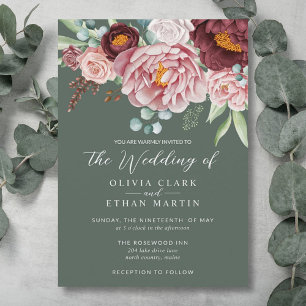 Invitación Verde Salvia Rosa Polvorienta Rústica Boho Acuarel