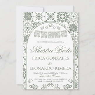 Invitación Verde Salvia Talavera Papel Picado Boda Española