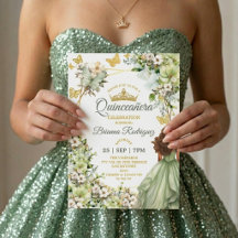 Verde Salvia Tiara Dorada Mariposa Quinceañera
