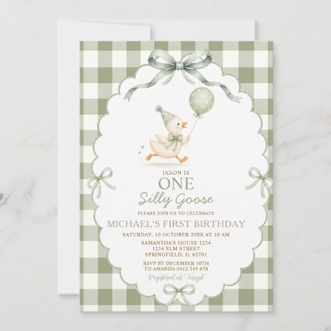 Invitación Verde Salvia Un Ganso Tonto Cumpleaños Gingham (Anverso)