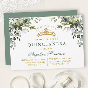 Invitación Verde Salvia Vegetación Acuarela Quinceañera Dorad