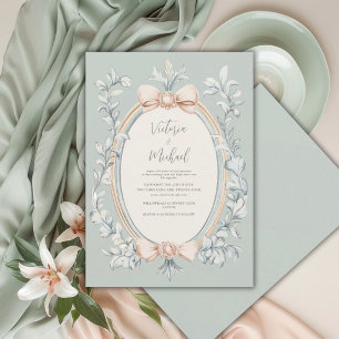 Invitación Verde Salvia Vegetación Melocotón Marco Boda Vinta