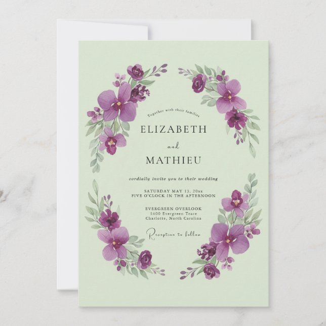Invitación Verde Salvia Violeta Boda Romántica de Primavera (Anverso)