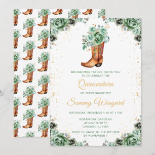 Invitación Verde Salvia y Botín de Vaquero Floral Dorado Quin