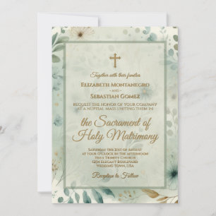 Invitación Verde Salvia y Dorado Medley Boho Boda Católica