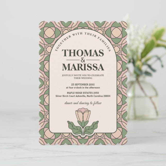 Invitación Verde Salvia y Rosa Art Nouveau Floral Boda (Anverso de pie)