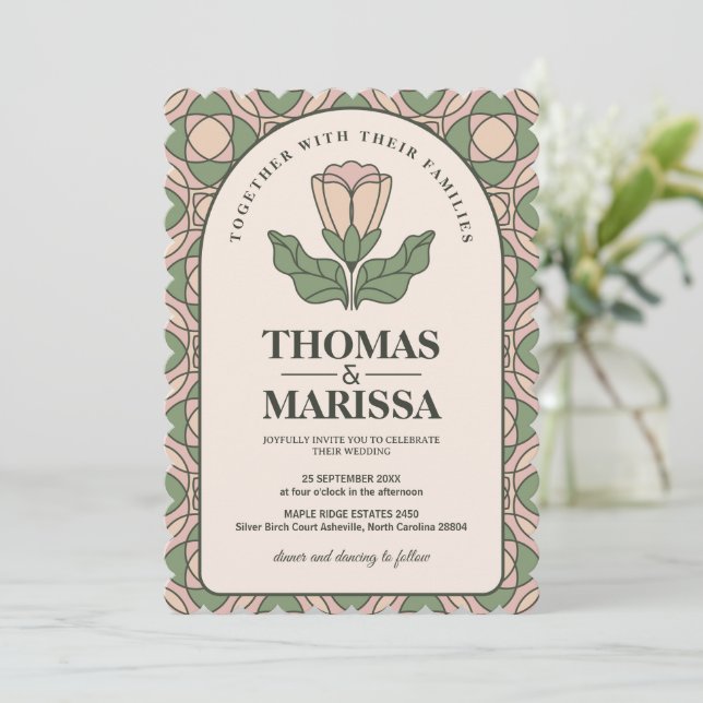 Invitación Verde Salvia y Rosa Art Nouveau Floral Boda (Anverso de pie)