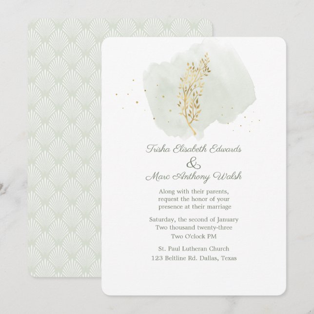 Invitación Verde simple con Boda floral de oro (Anverso / Reverso)
