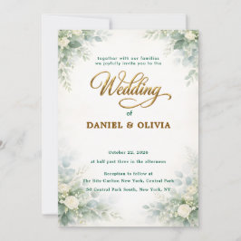 Invitación Verde Simple de Eucalipto con Superposición Dorada
