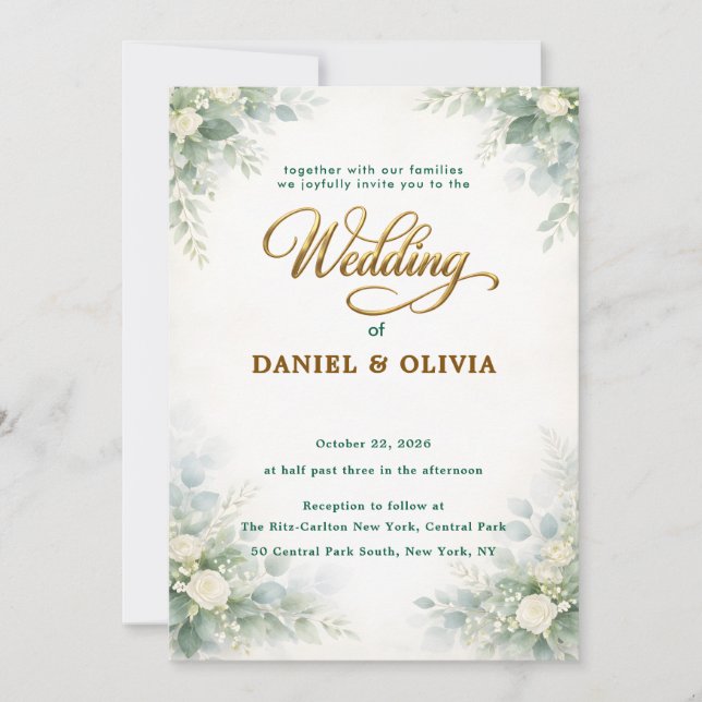 Invitación Verde Simple de Eucalipto con Superposición Dorada (Anverso)