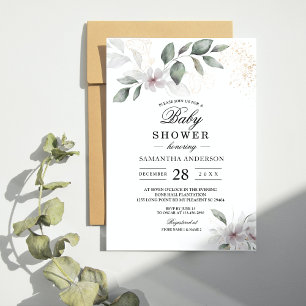 Invitación Verde Suave Acuarela de Hoja y Flor   Dorado