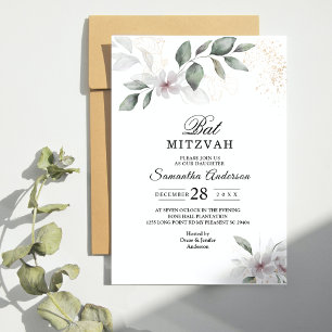 Invitación Verde Suave Acuarela de Hoja y Flor   Dorado