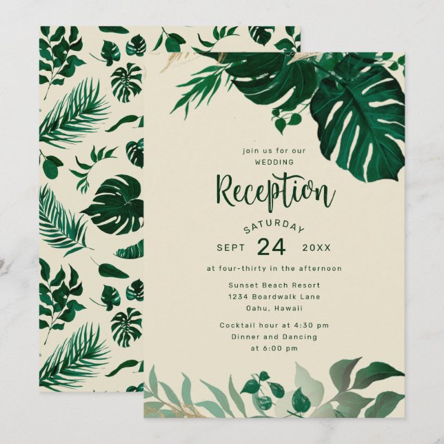 Invitación Verde tropical con recepción de bodas de filia de  (Anverso / Reverso)